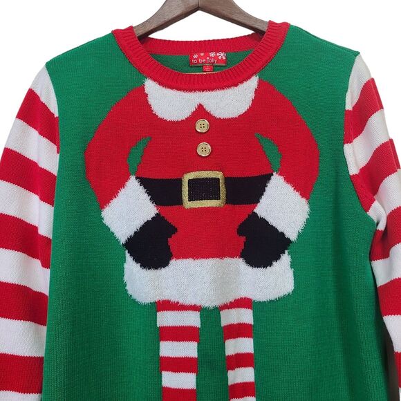 To be Jolly Womens Ugly Christmas Sweater Elf Striped Sleeves Holiday Sz Large - Picture 2 of 10